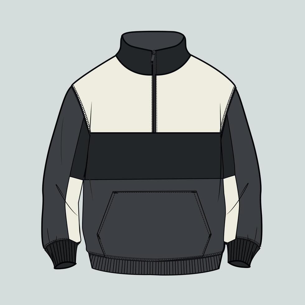 A black and white sweatshirt with a zipper vector