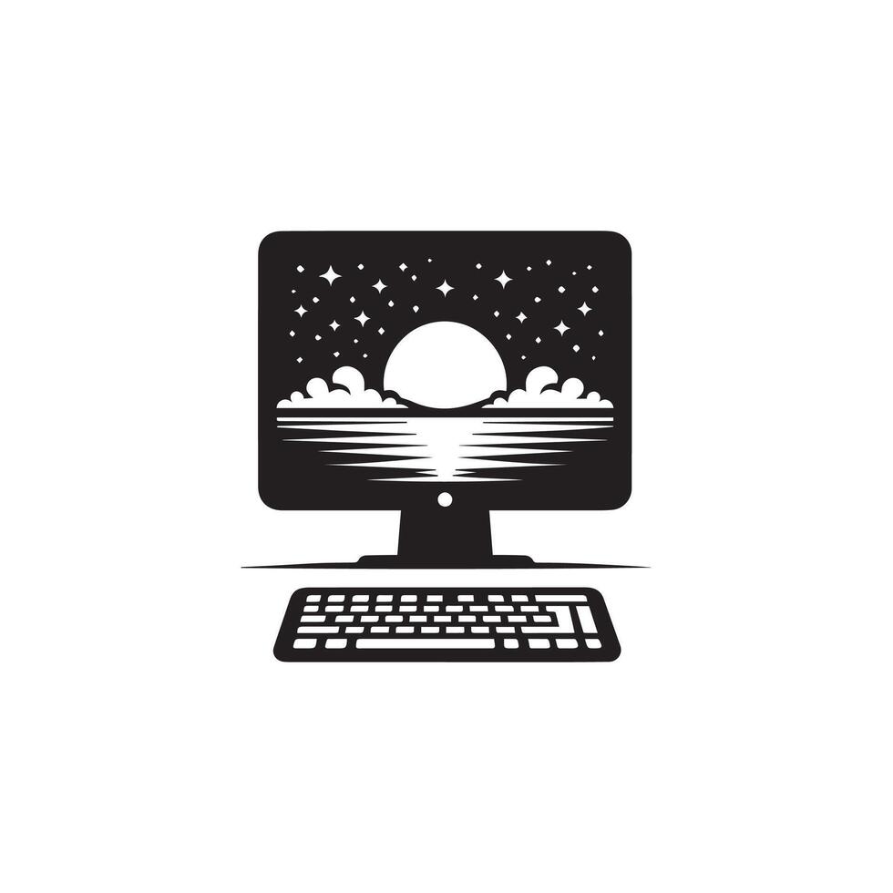 A computer monitor with a keyboard and a moon in the background vector