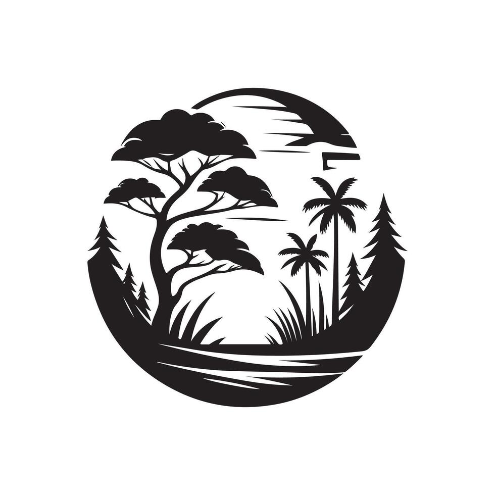 A black and white logo of a forest with trees and a lake vector