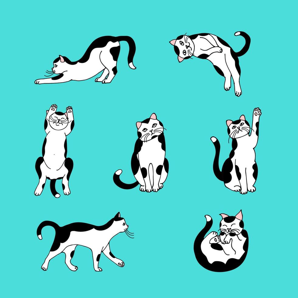 set of white cats with black spots, hand-drawn in cartoon style on a blue background. vector
