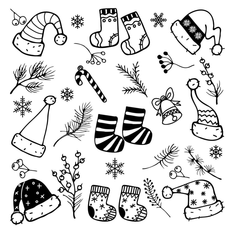 a set of black and white hand-drawn New Year doodles. New Year's socks, hats and spruce branches. vector