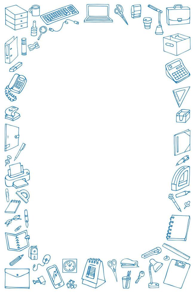 horizontal frame of drawings of stationery for office and school, hand-drawn in cartoon style on a white background. vector
