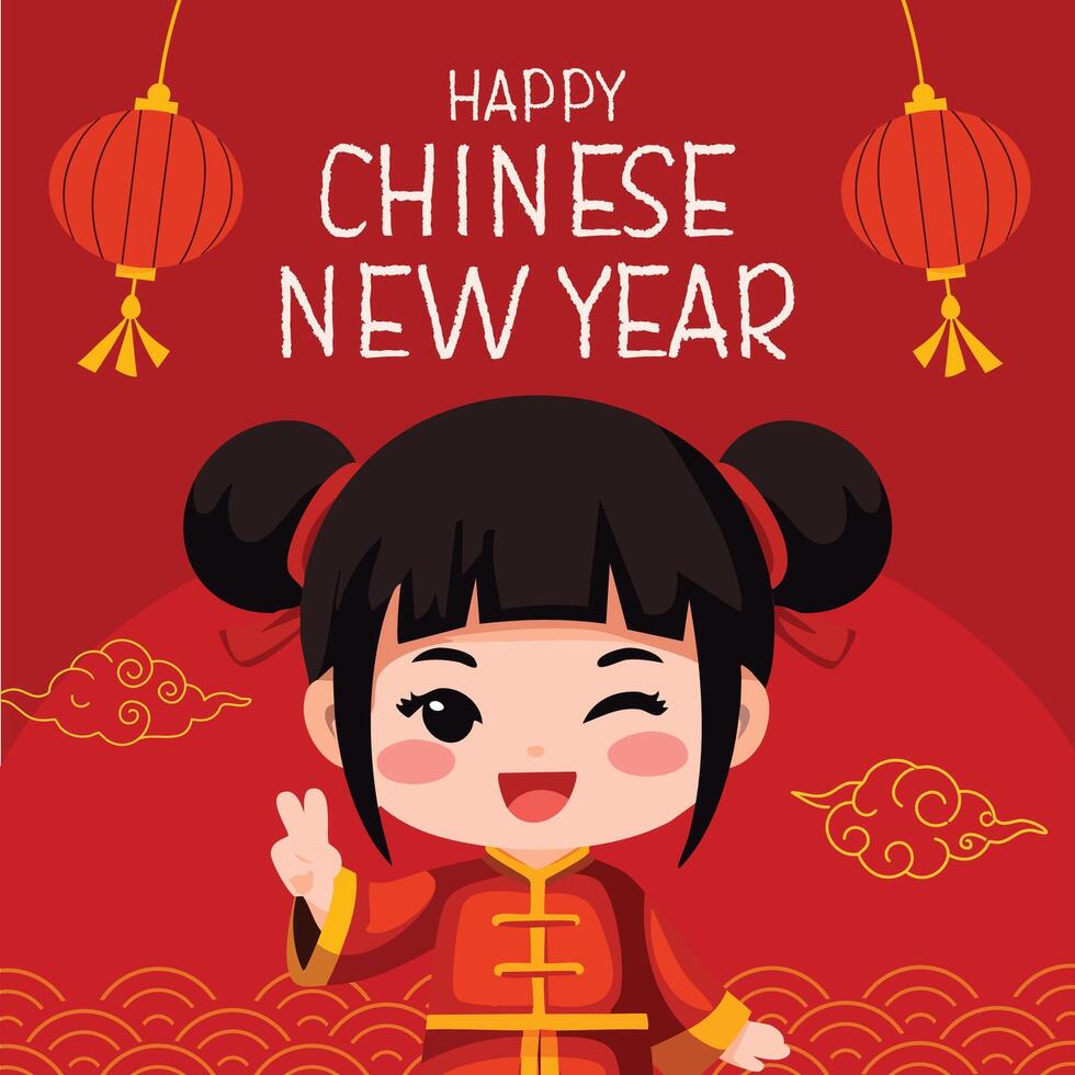 Square social media banner greeting card of a cute girl with buns in a red Chinese cheongsam qipao giving a kawaii peace sign. Adorned with lanterns and clouds, she wishes a happy chinese new year vector