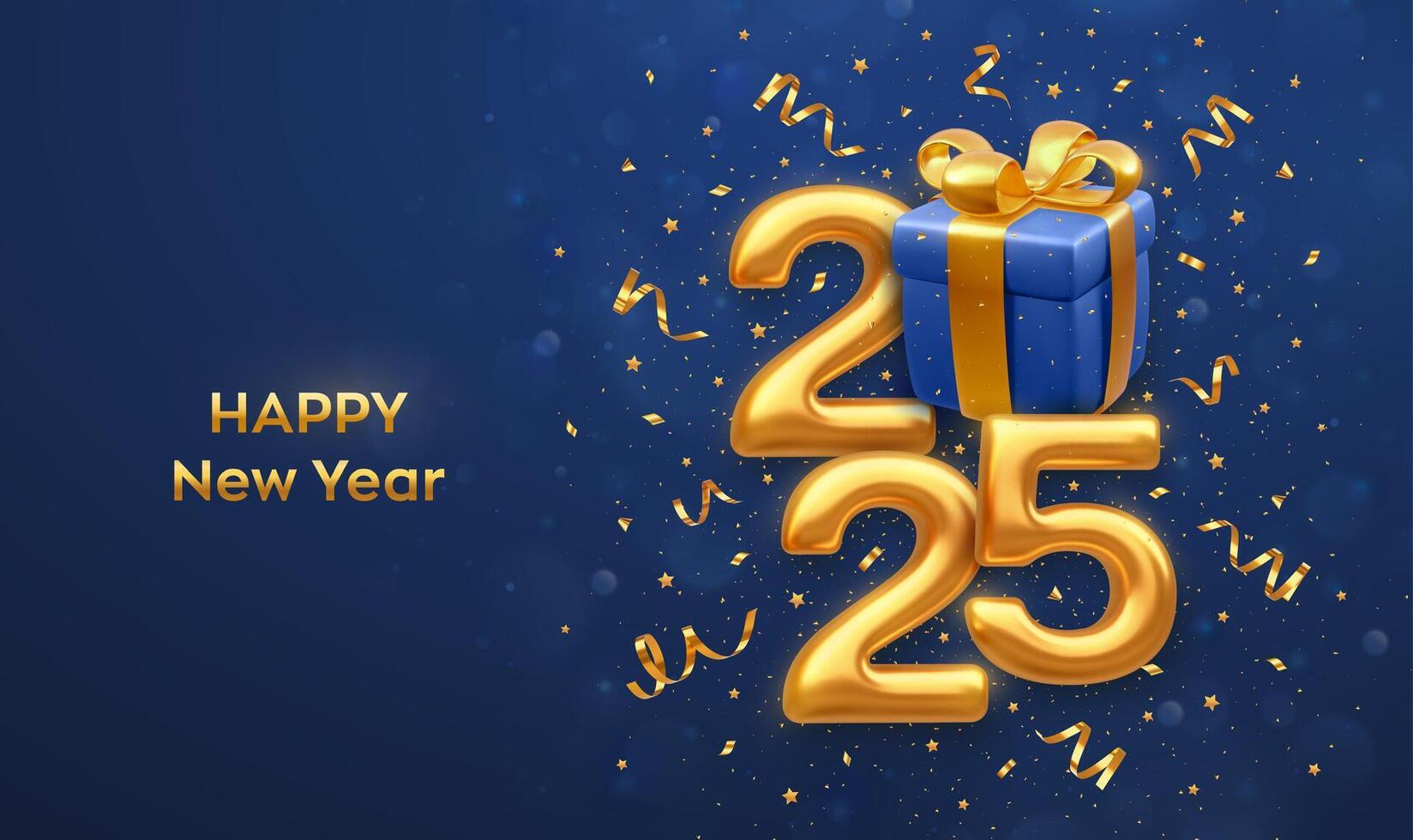 Happy New 2025 Year. Golden metallic luxury numbers 2025 with blue gift box with golden bow on blue background. Merry Christmas and Happy New Year 2025 greeting card. vector