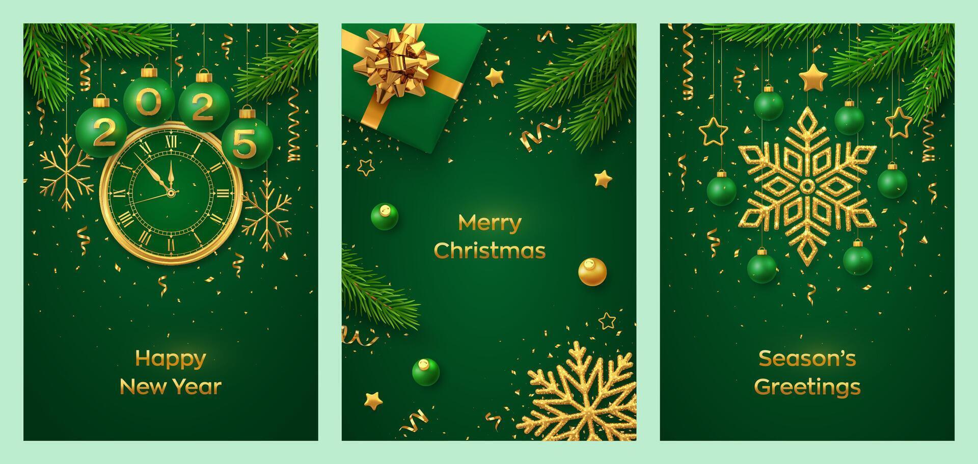 Christmas card set. Balls with numbers 2025. Watch with Roman numeral and countdown midnight, eve for New Year. Gift box, hanging gold snowflakes, stars, balls on green background. vector