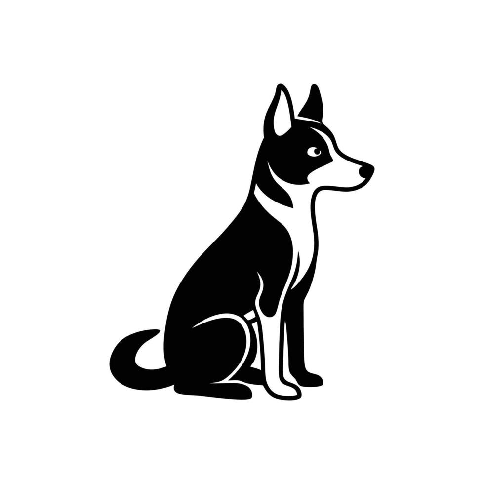 A black-and-white dog is sitting against a white background. vector