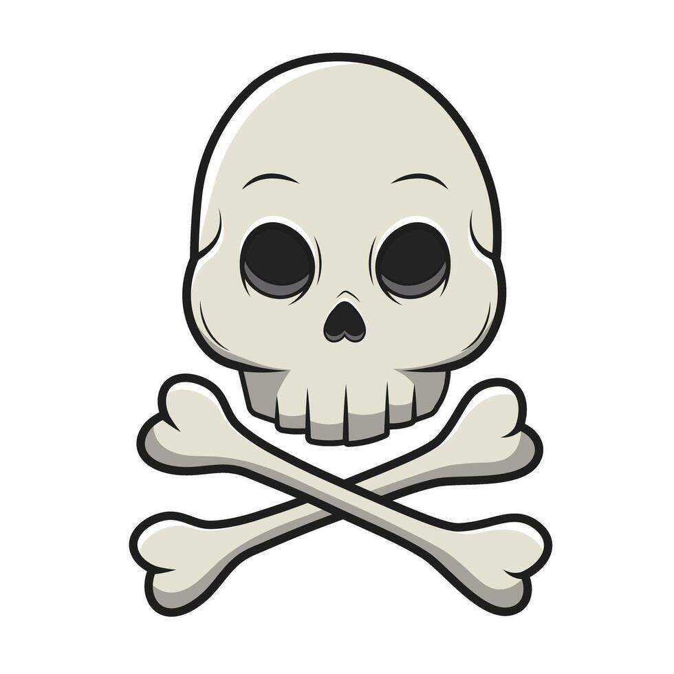 Cartoon skull with bones on white background. Cross made of bones, sign of pirates. Human bone icon. logo isolated vector