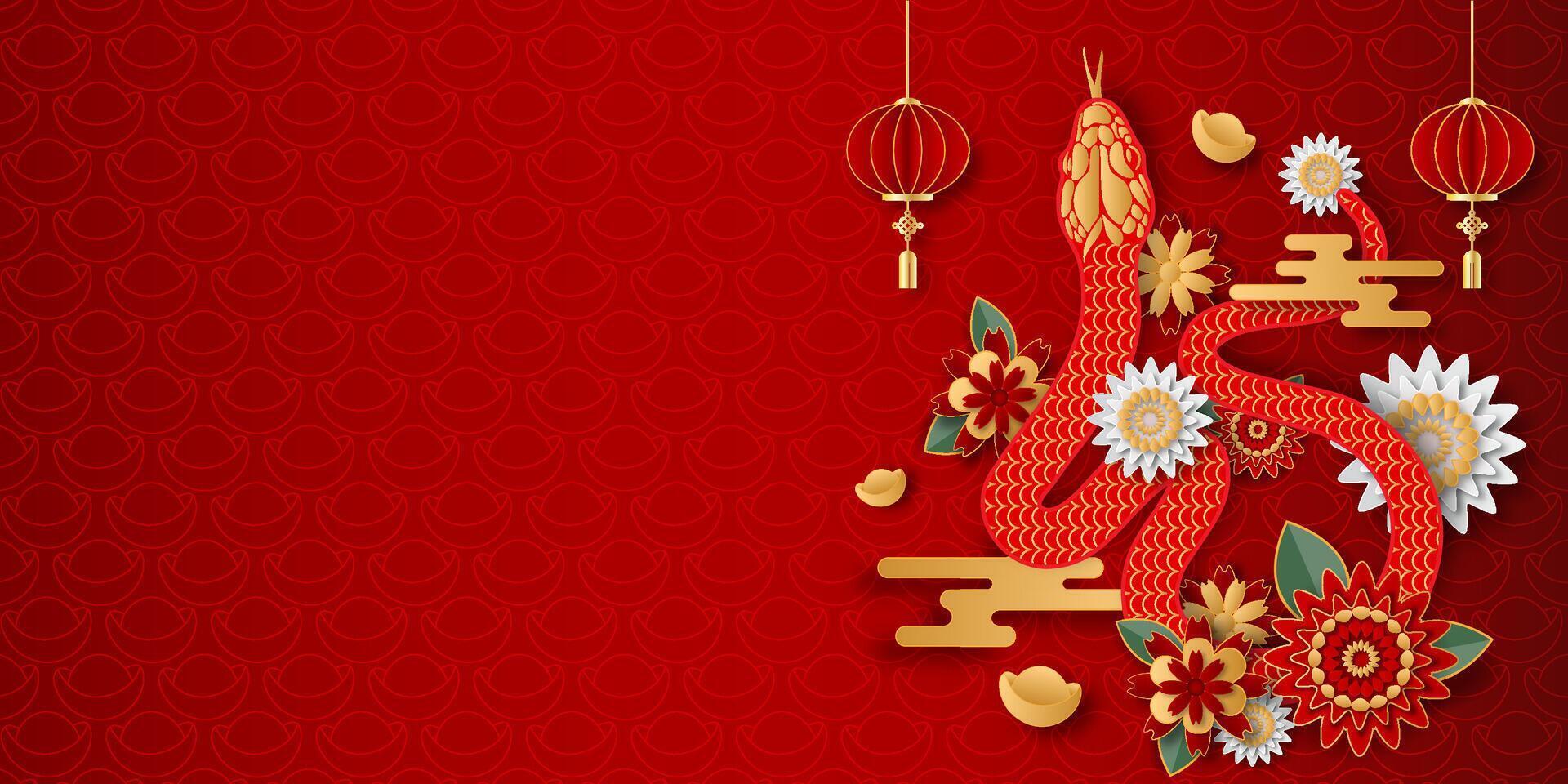 Happy Chinese New Year 2025. Snake zodiac with abstract flowers, year of the snake. vector