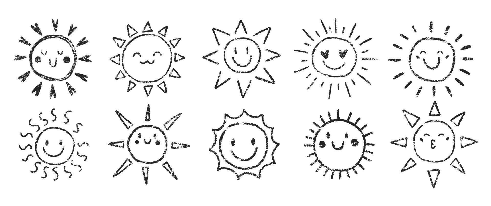 Set of handdrawn cute sun with crayon, chalk or pastel texture. Summer kids illustration with doodle style. Grunge illustration. vector