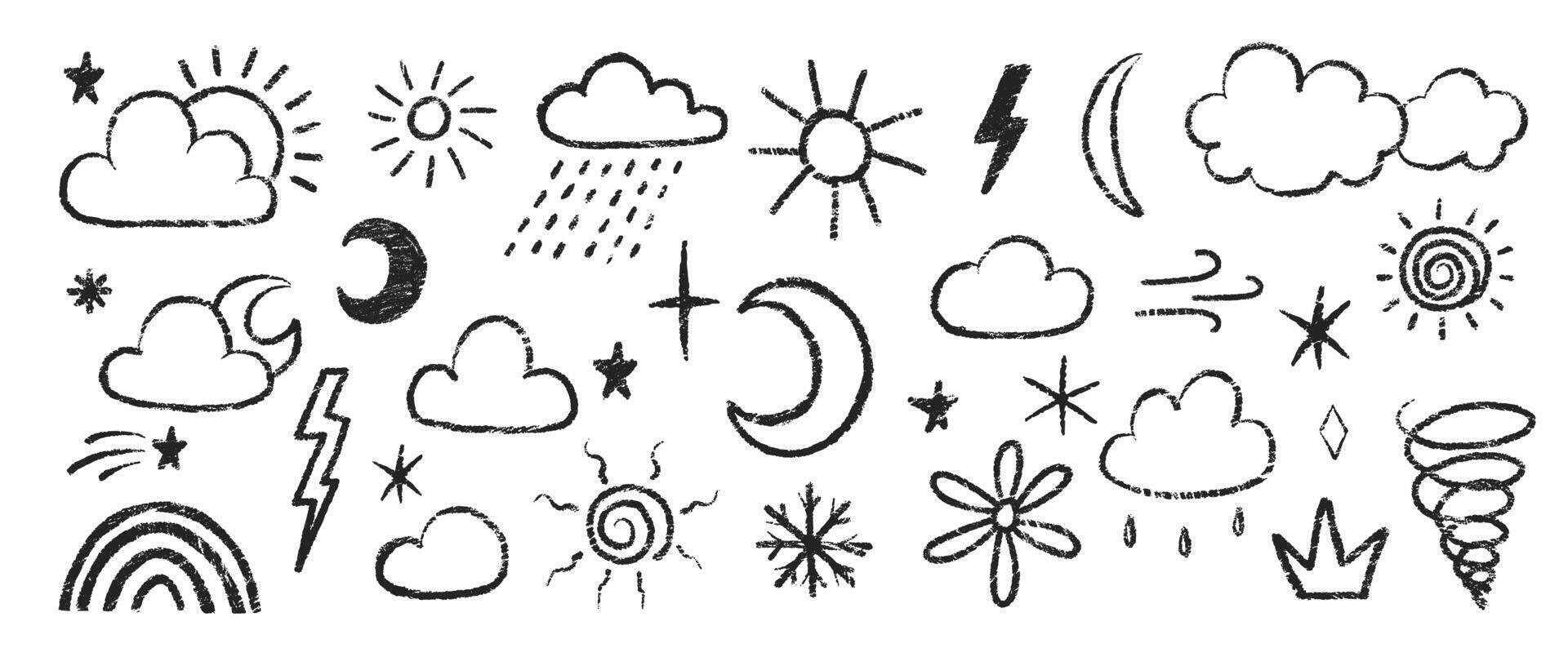 Set of weather symbols with crayon, chalk and pastel texture. Doodle illustration of rain, storm, sun, star, lightning. vector