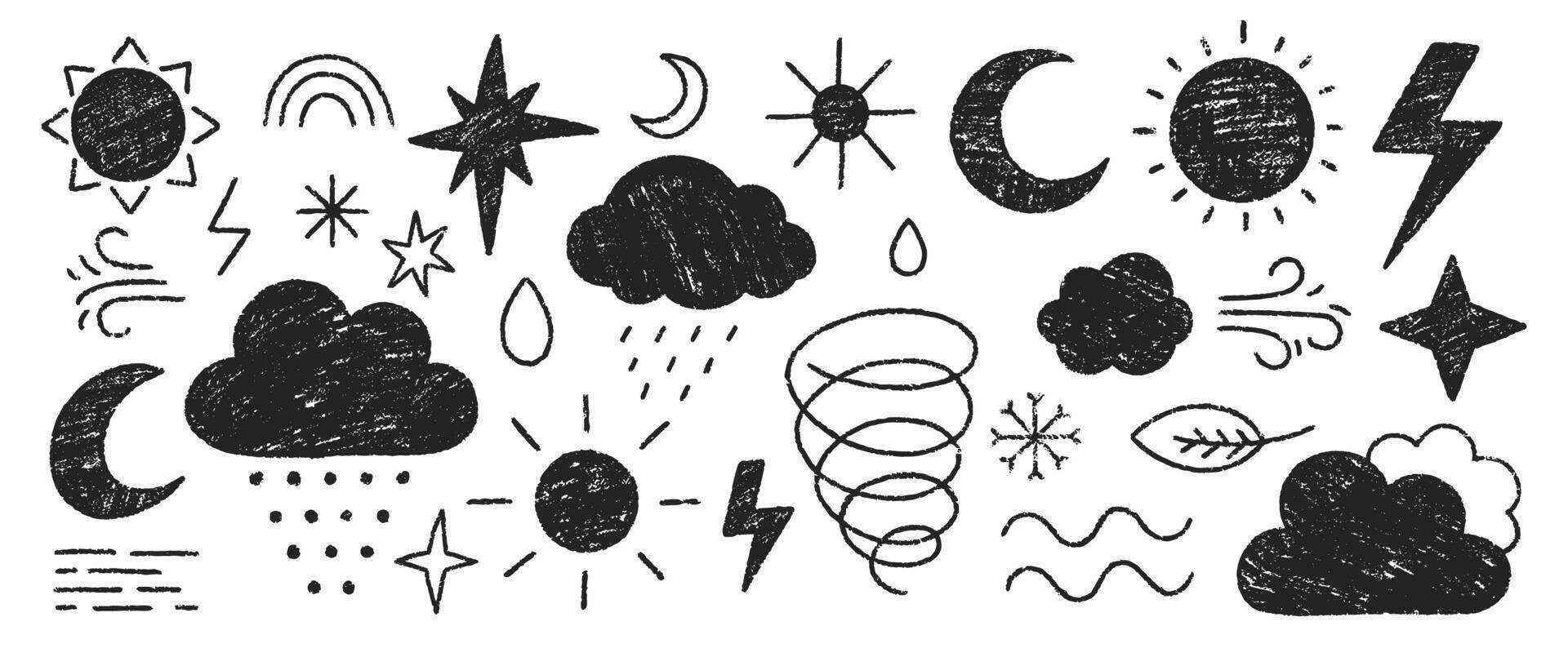 Collection of weather symbols with crayon, chalk and pastel texture. Hand drawn illustration of rain, storm, sun, star, lightning on a white background. vector
