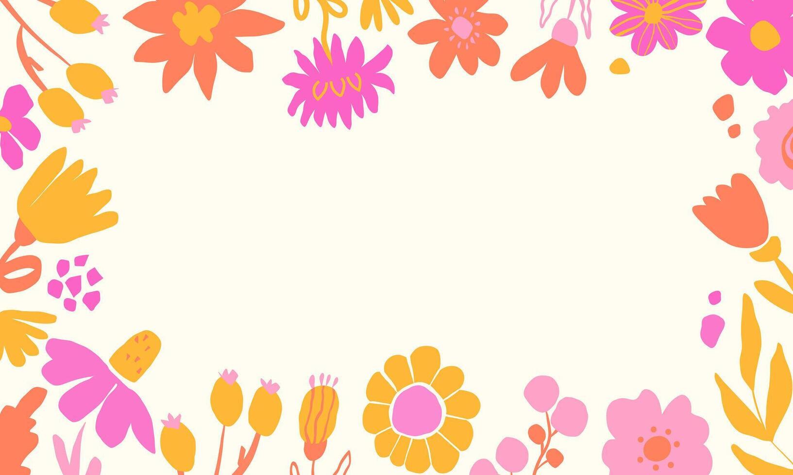 Floral frame with hand drawn brightly coloured flowers. Template, postcard, banner, poster vector