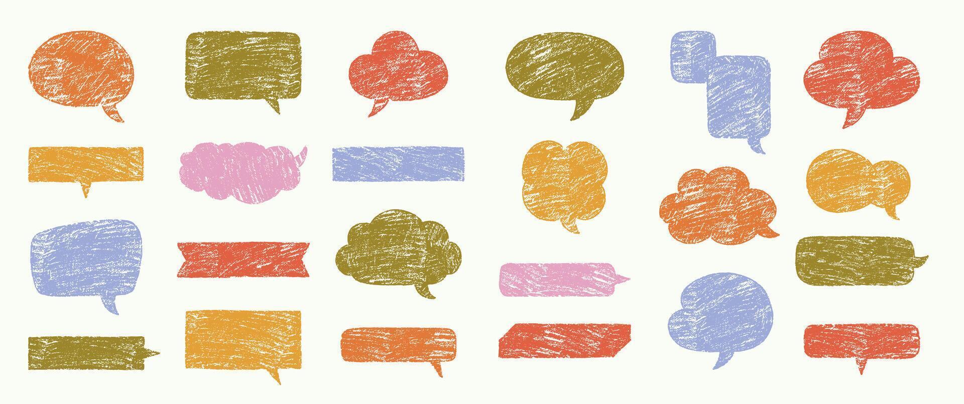 Set of text boxes and speech bubbles with crayon or chalk texture. Multicolor Japan handwritten illustration. vector