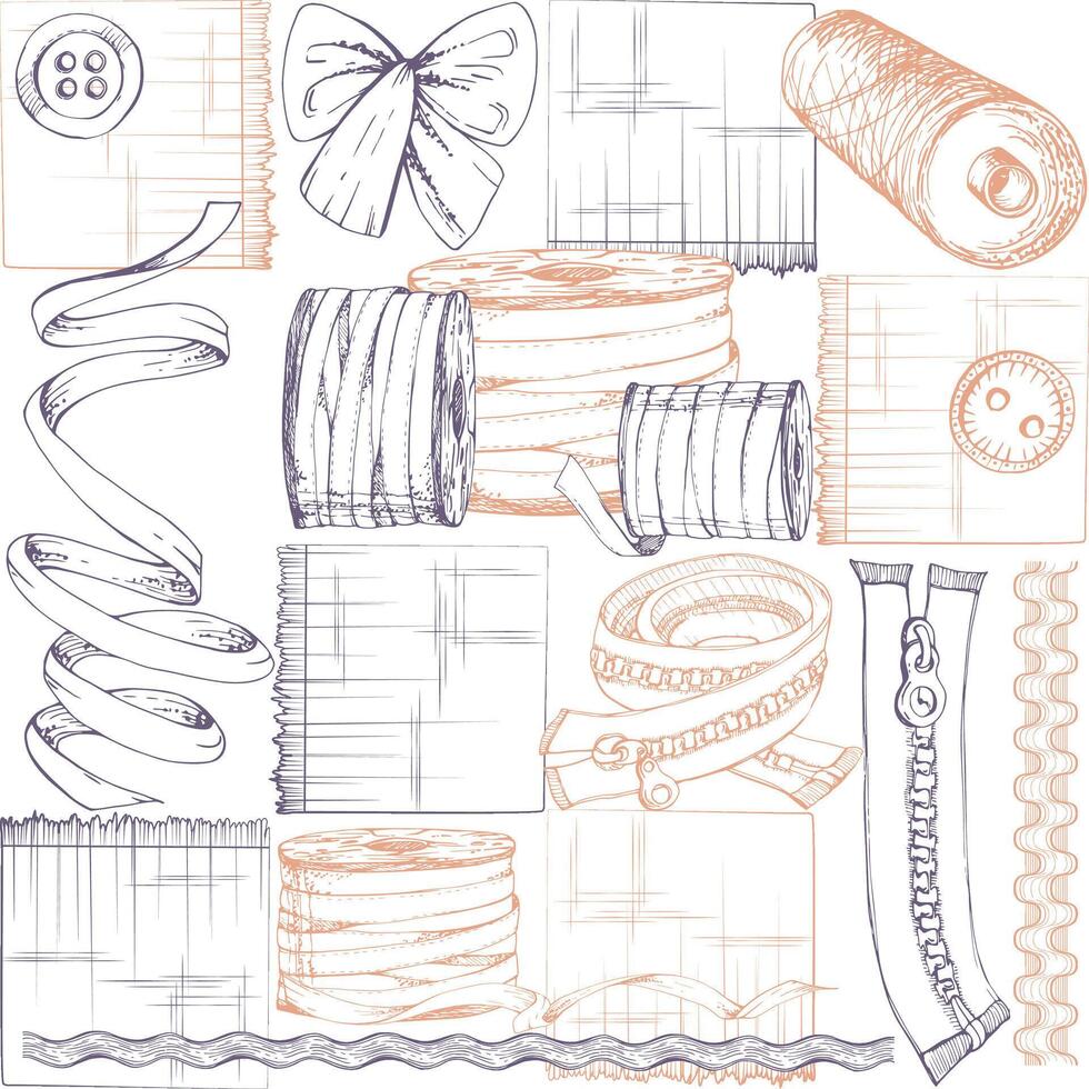 Fabric pieces, thread ribbon bobbins, bow tie buttons lace, sewing craft supplies. Hand drawn ink illustration. Seamless pattern isolated on white background. Design atelier, tailor, hobby shop vector