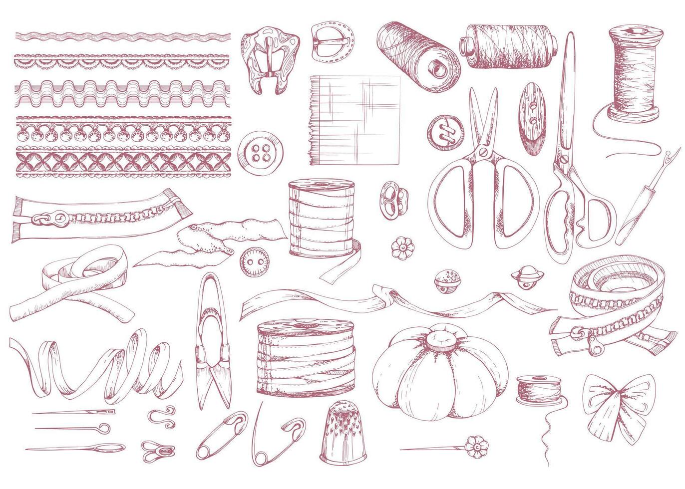 Red scissors ribbon thread bobbins lace pin cushion buttons thimble pins needles. Hand drawn ink illustration sewing craft supplies. Objects set isolated on white. Atelier, tailor, hobby shop vector