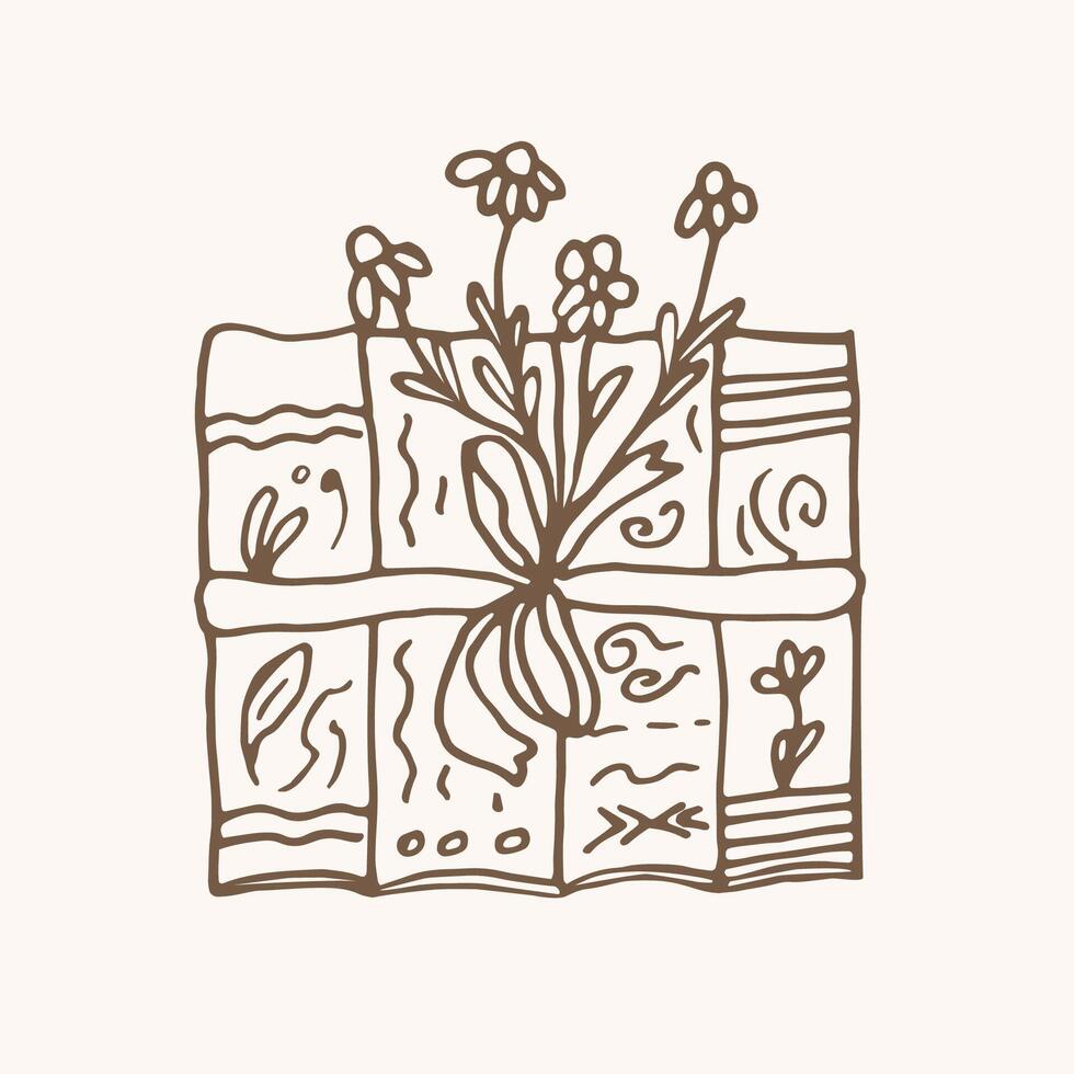 Book stacks tied with ribbon with flowers, element with doodles, magic objects, book fair, world Book Day. Hand-drawn illustration vector