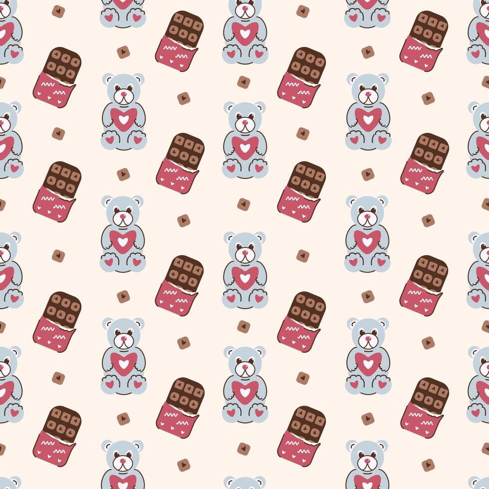 Seamless pattern with teddy bears and chocolate slices on a light background, romantic background for lovers, birthday packages, wedding greetings. vector