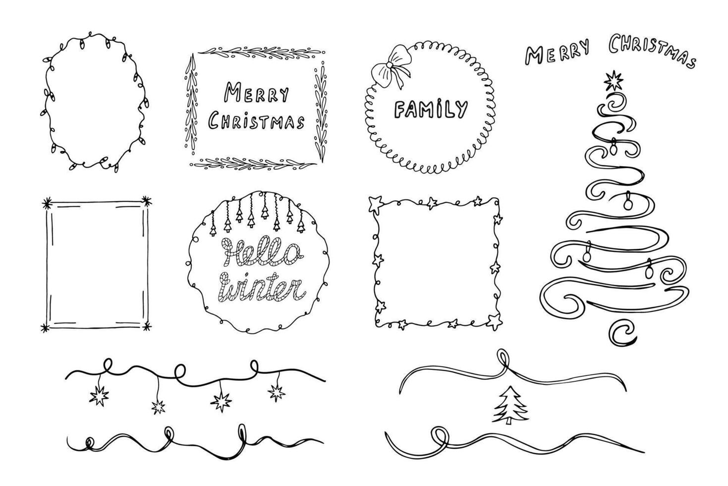 A set of Christmas frames, painted by a liner, with a Christmas tree, inscriptions and garlands. Minimalistic design. Fashionable frames for holiday posters, invitations, greeting cards. vector