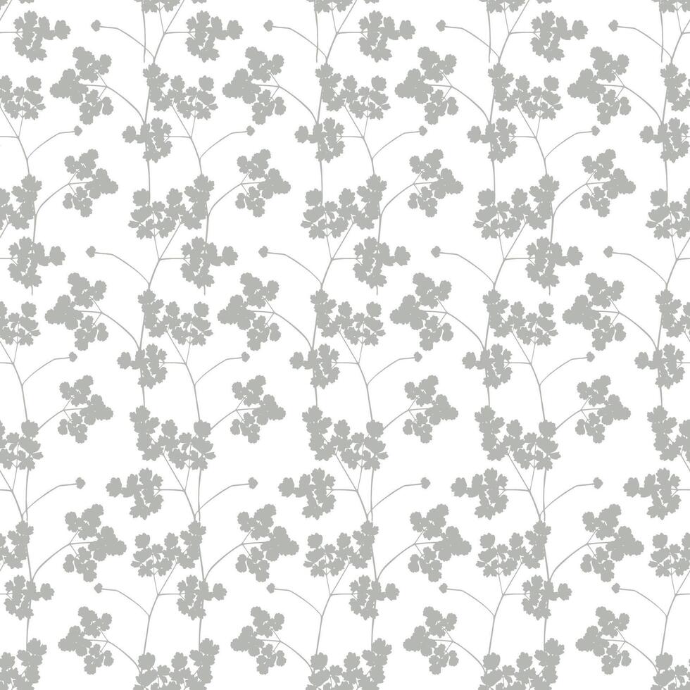 Seamless pattern with plant silhouettes. Decorative vintage pattern in Japanese style with leaves and twigs on a gray background. Print for wallpaper, fabric, packaging, paper, clothes, dishes. vector