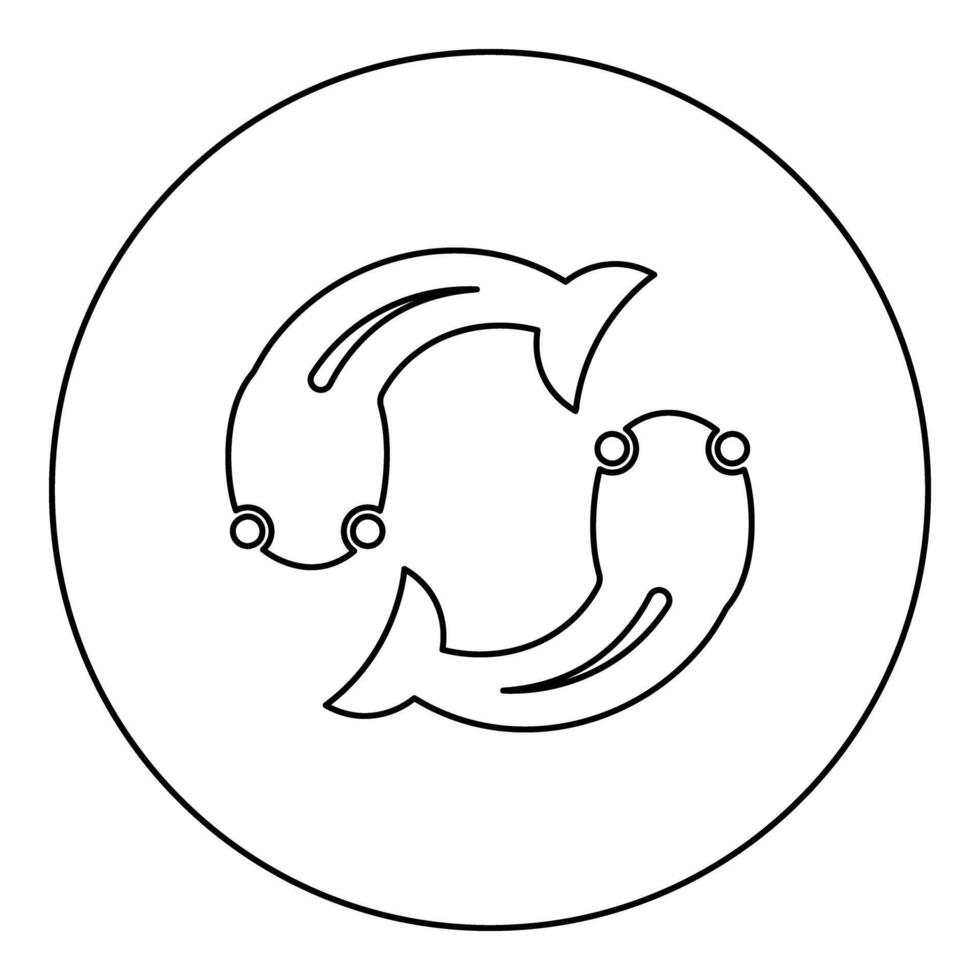 Fish goby two moves in circle icon in circle round black color illustration image outline contour line thin style vector