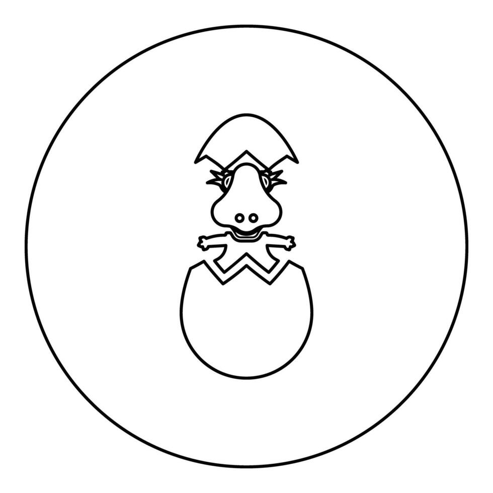 Dinosaur cute dino baby pretty hatch from egg cracked eggshell icon in circle round black color illustration image outline contour line thin style vector