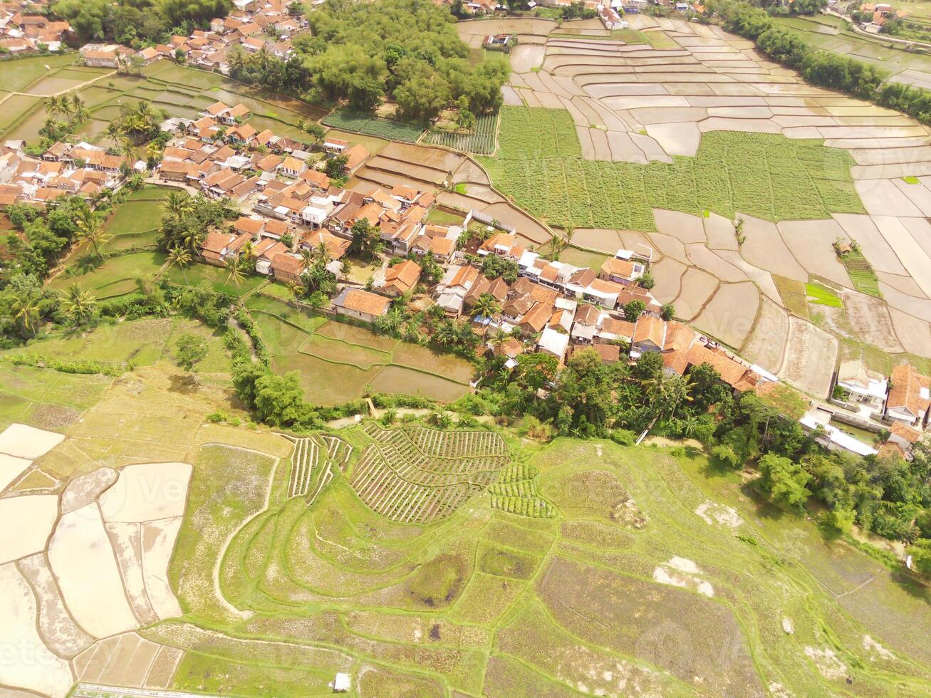 An aerial dramatic rural landscape of houses and green lush fields. A small village flanked by rice fields in Cikancung, Indonesia. Drone Photography Theme. photo
