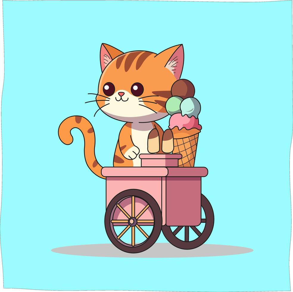 cute cheerful cat with ice cream cart, suitable for mascot vector