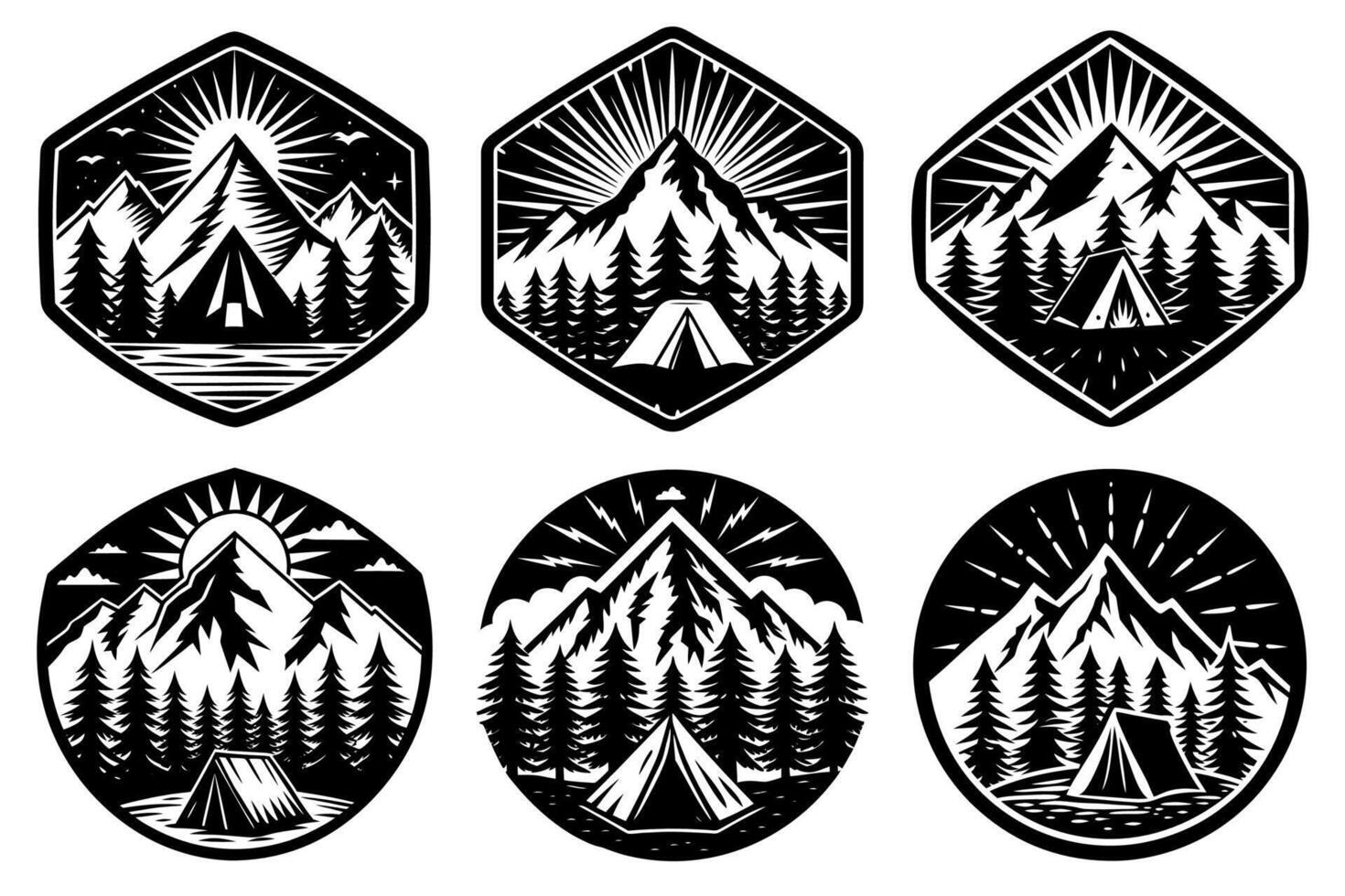 Creative Badge Designs with Mountain Silhouettes on Clean White Background vector