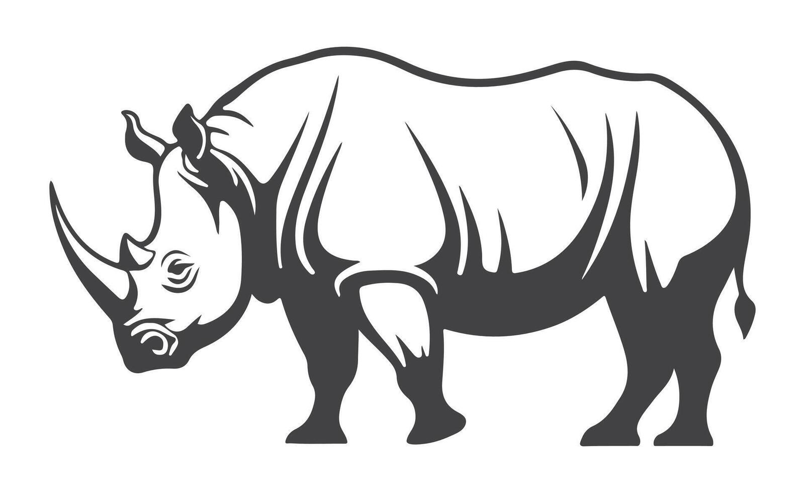 A bold and sturdy rhinoceros silhouette, showcasing its iconic horn and robust frame, symbolizing resilience and primal strength with a commanding presence. vector