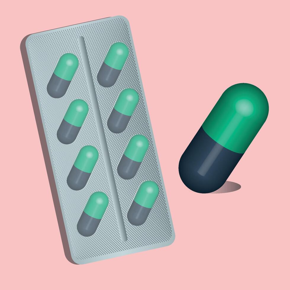 realistic 3D capsule Medicine Strip isolated on Peach Color background. Medical and healthcare concept. vector