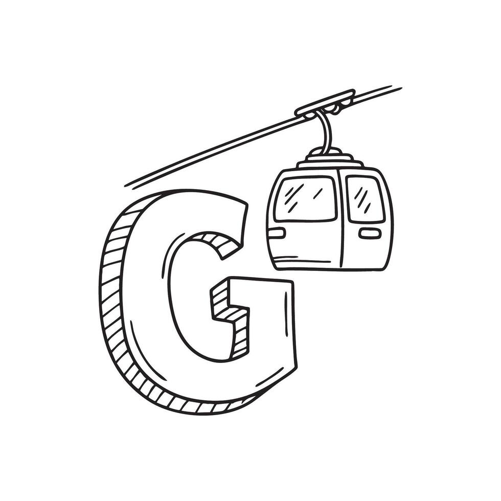 An illustration of letter G beside a gondola lift vector