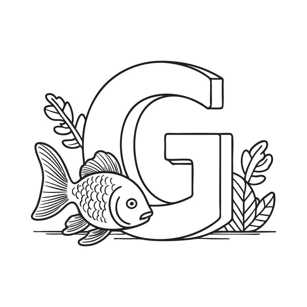 An illustration of letter G beside a goldfish vector