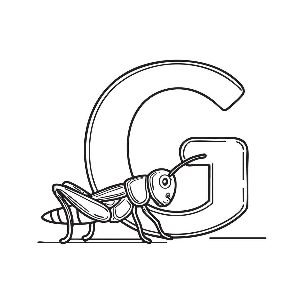 An illustration of letter G beside a grasshopper vector