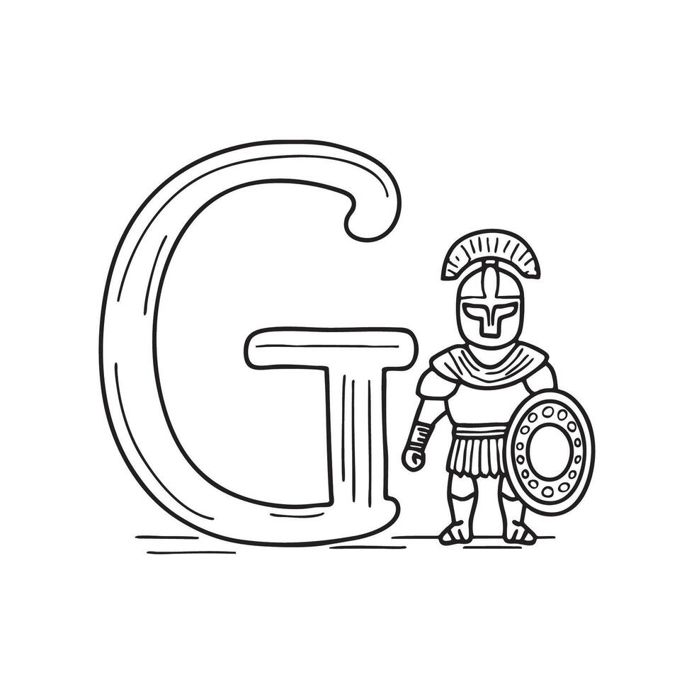 An illustration of letter G beside a gladiator vector