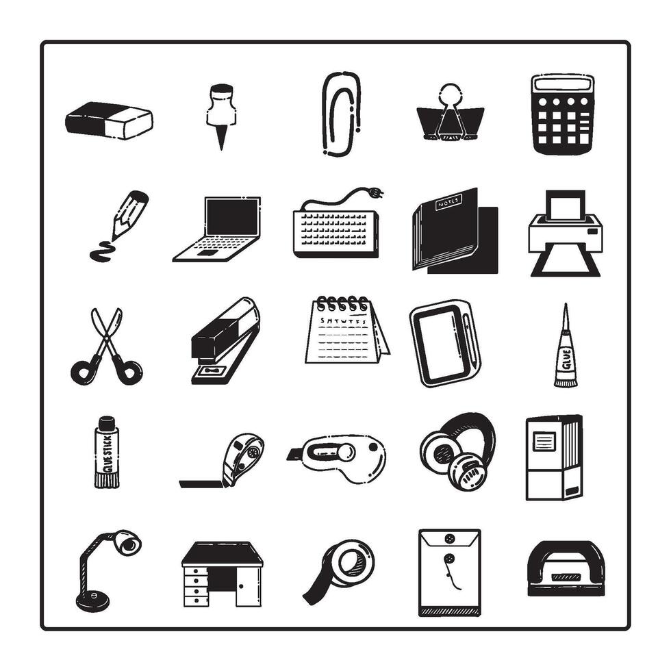 Icon Black Sticker Kit Set Office stuff Stationery Desk School Education vector