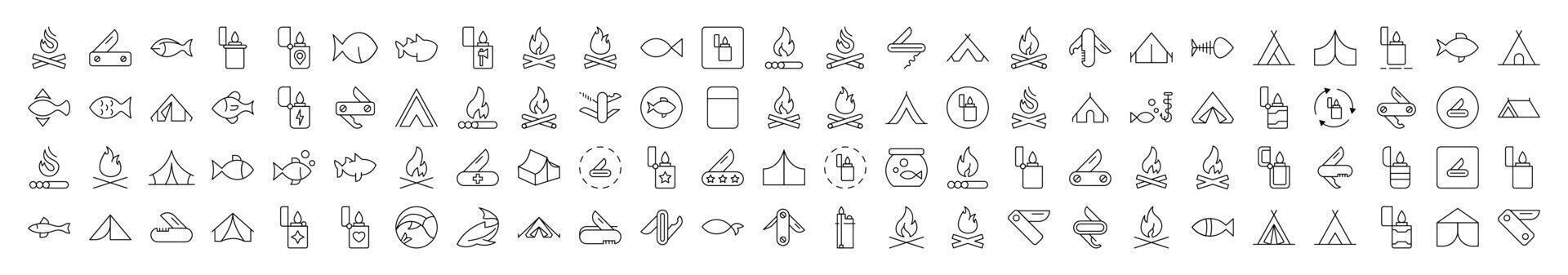 Camping Collection of Isolated Icons. Contains such Elements as Bonfire, Fish, Folding Knife, Tent, Lighter. It Can Be Used for Interface, Posts, Advertisements, Various Cards vector
