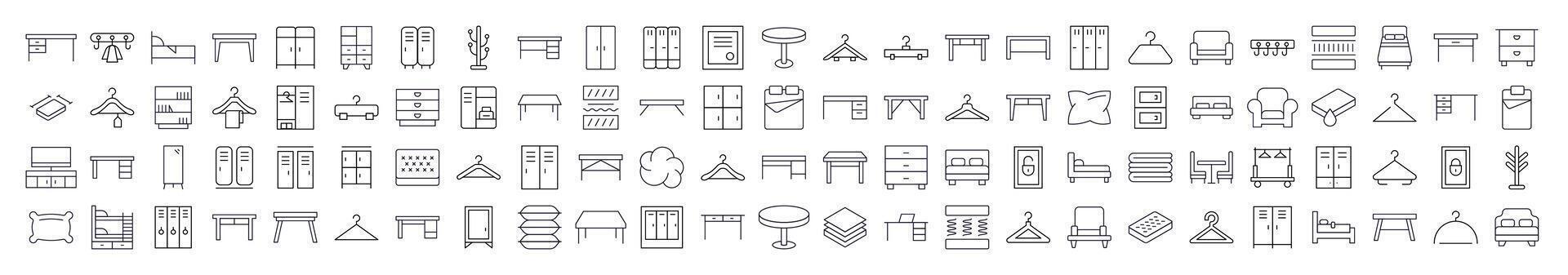 Line Icon Set of Furniture. Contains Icons of Bed, Table, Mattress, Coat Hook that Can Be Used for Design of Cards, Posts, Apps, Web Sites vector