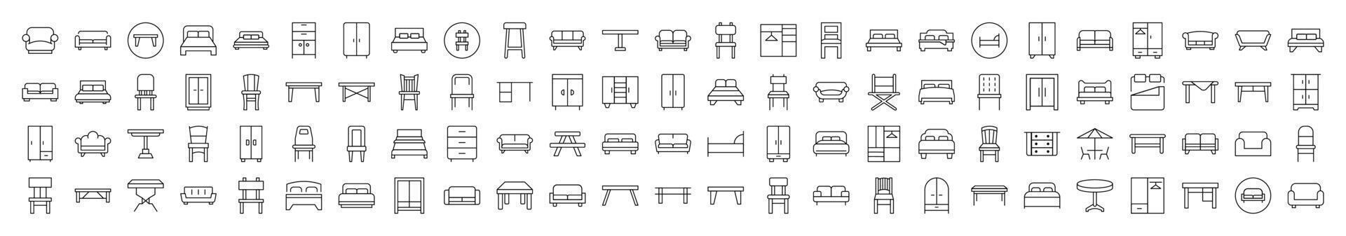 Collection of Line Icons of Wardrobe, Bed, Sofa, Table, Chair Drawn with Thin Line for apps, web sites, banners, infographics and other types of design vector
