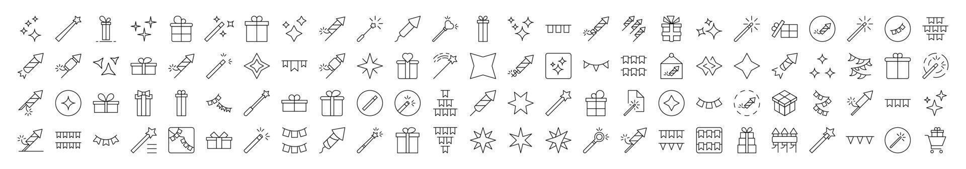 Collection of Signs of Holidays, Garlands, Magic Wand, Firework Drawn with Thin Line for apps, web sites, banners, infographics and other types of design vector