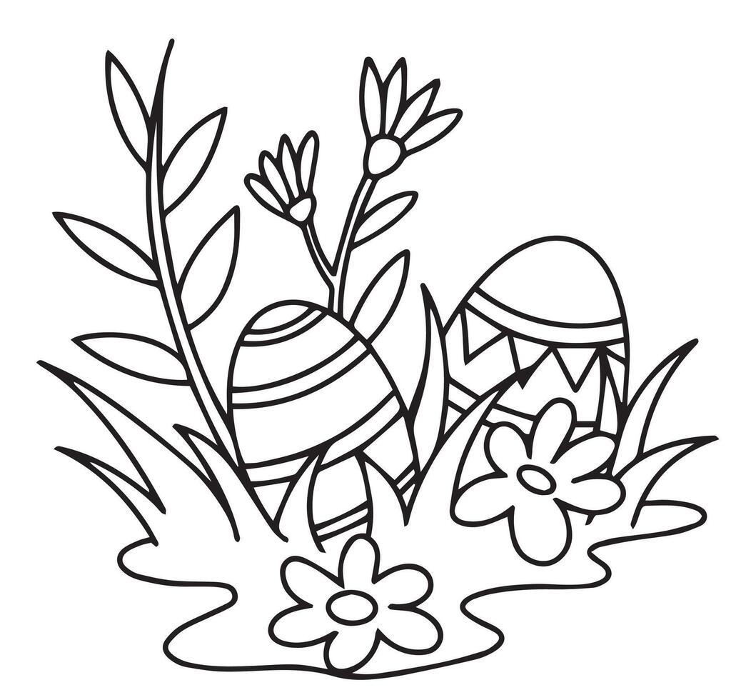 Easter composition with eggs and flowers. cute illustration in doodle style. coloring page vector
