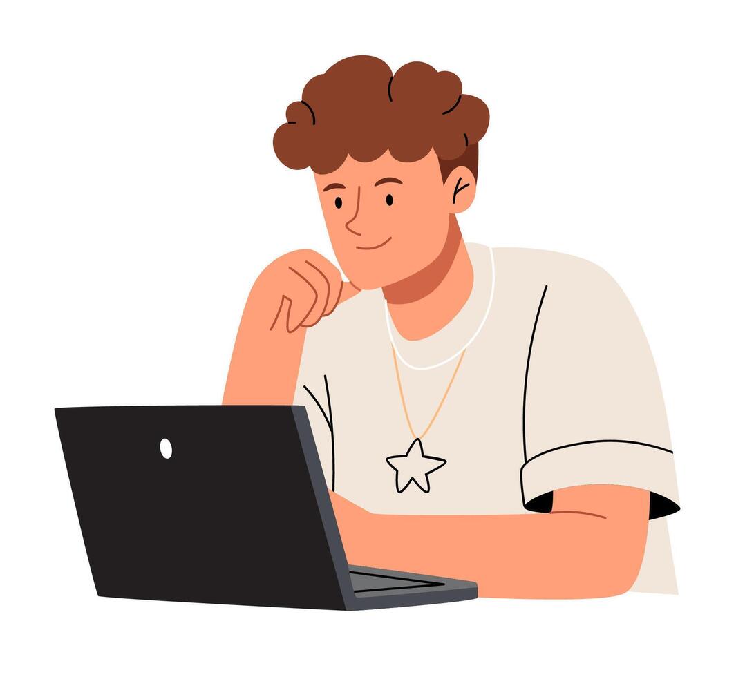 Man at laptop.Business men, work online, surfing internet with desktop computer, laptop, mobile phone, tablet PC. vector