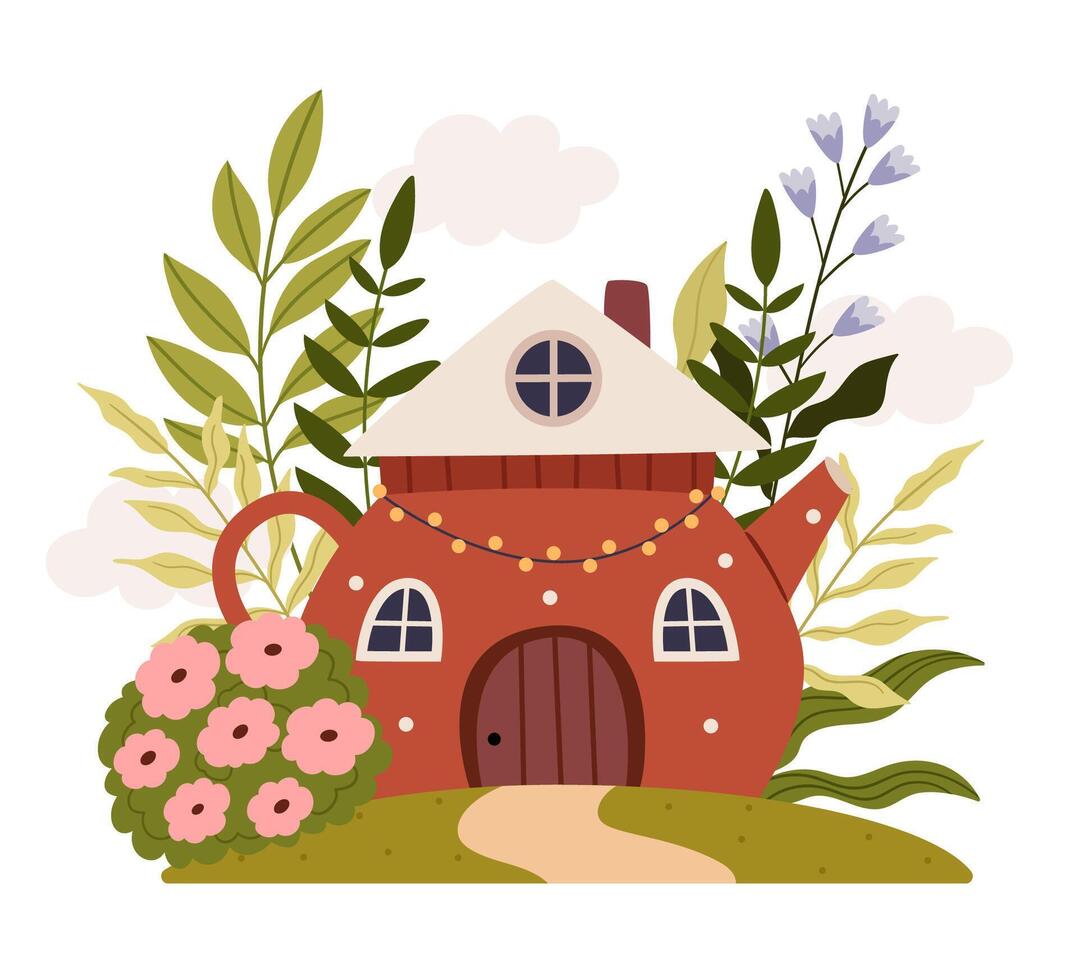 A fairy-tale house in the shape of a teapot.Cartoon fantasy house. vector