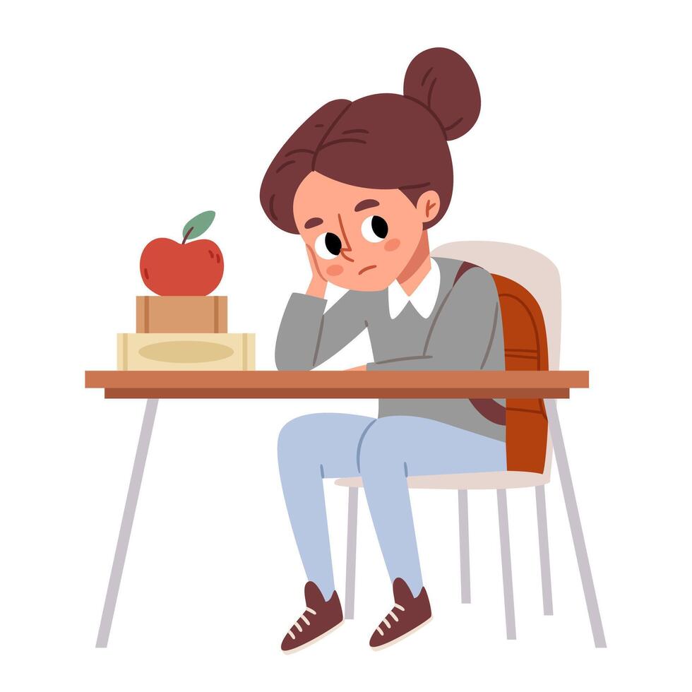 Sad girl student or schoolgirl at the table. Depression.Unhappy and tired girl preparing for school exam, writing homework, feeling sad and bored .Back to school. vector