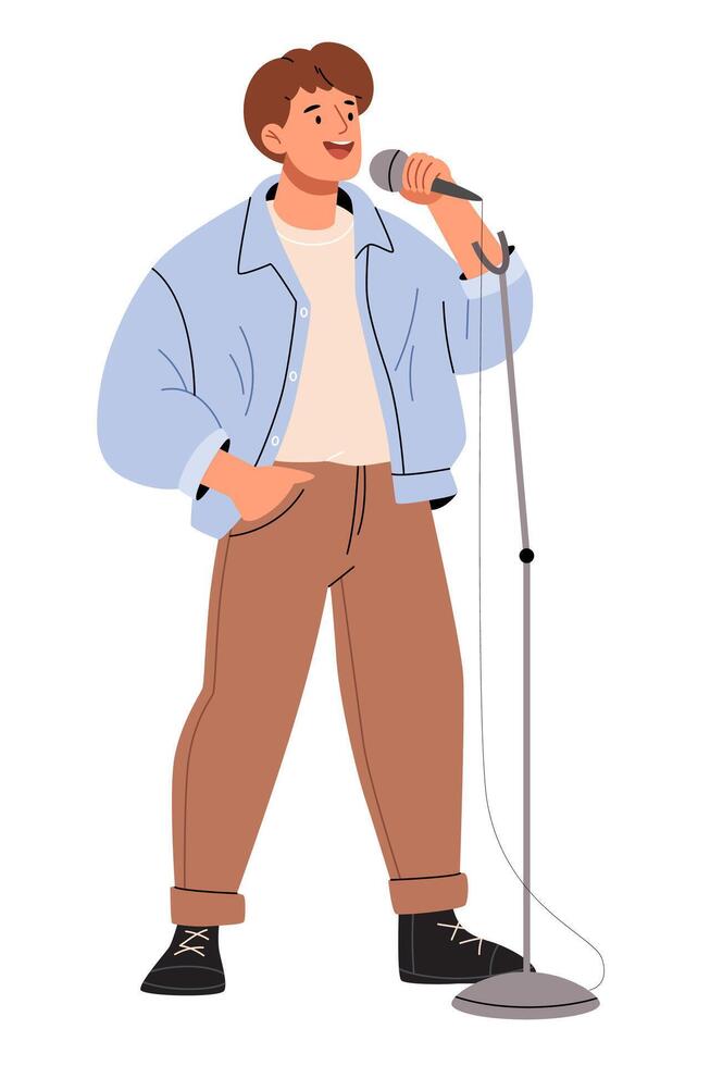 A guy performs with a microphone. A singer or comedian.Stand up comedian performance,speaks at a conference vector