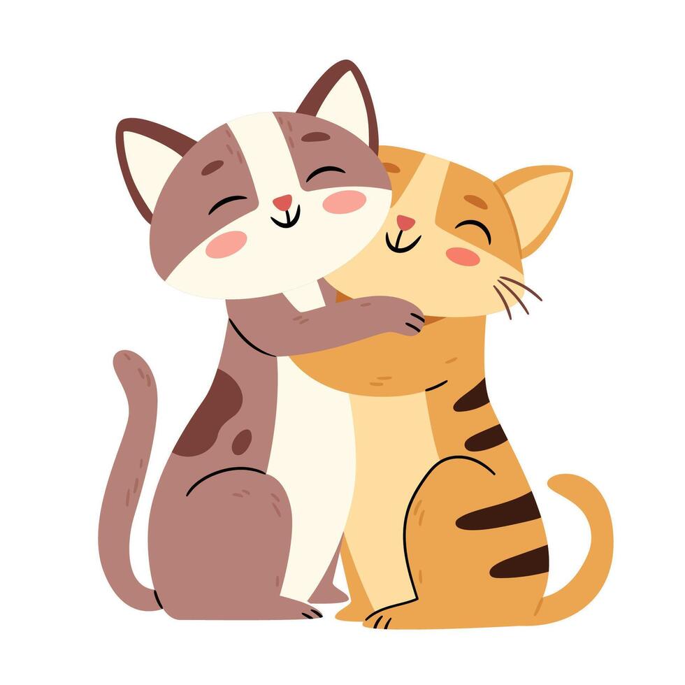 Two cats hugging.Happy sweet sleepy lazy kitties in love lying together, embracing. vector