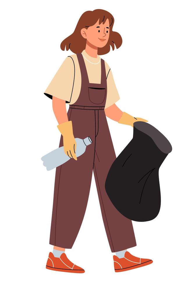 Girl volunteer collects trash. Woman volunteer collect trash outdoors care about environment protection and pollution. vector