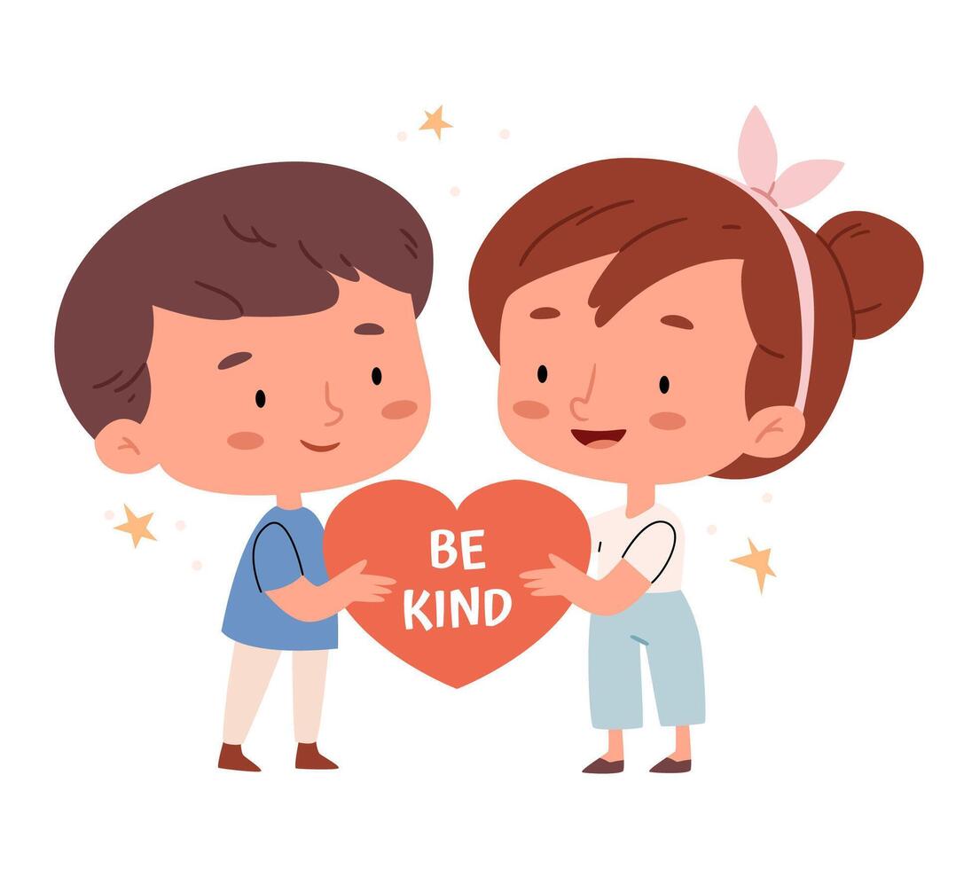 Children are holding a heart with the inscription Be kind. Charity and volunteering. Support and protection from charitable organizations. vector