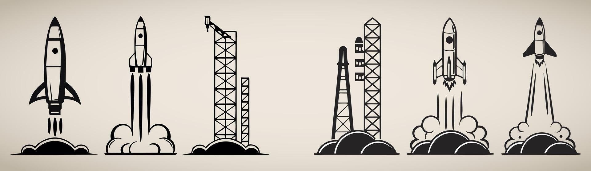 illustration showcasing various space rockets launching and launchpad structures in the context of space exploration vector