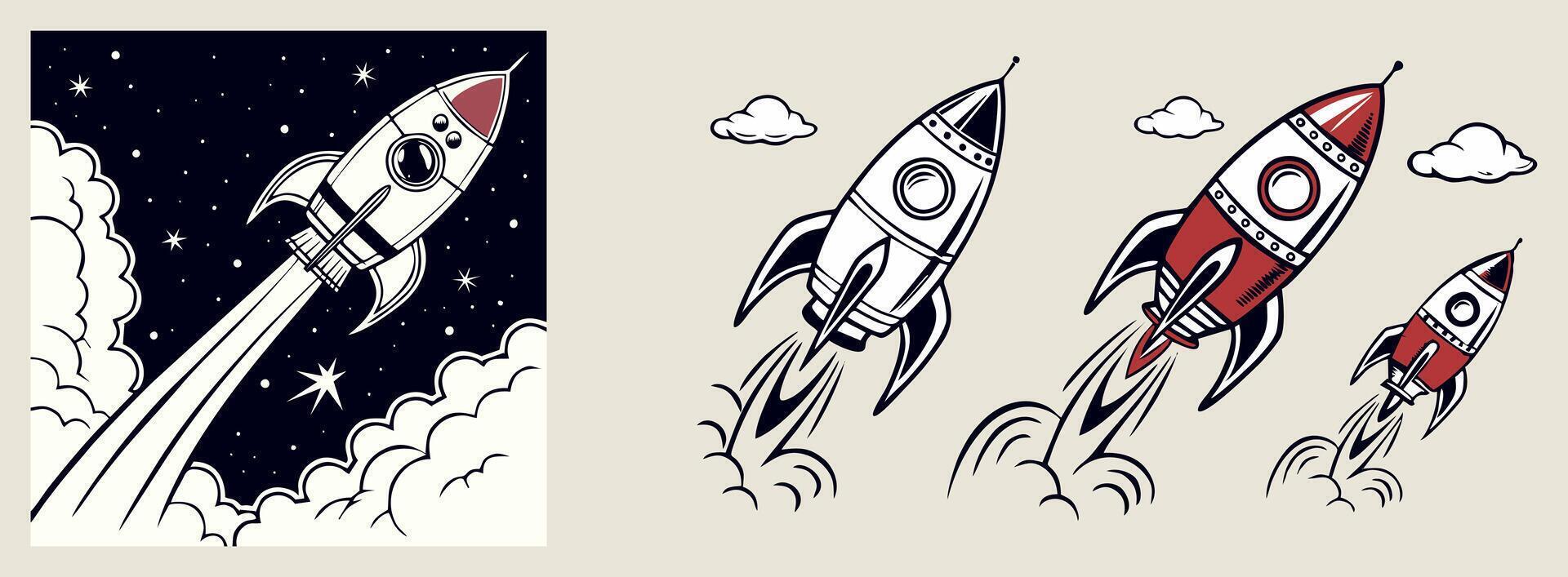 Rocket ships launching into outer space, evoking a sense of exploration and excitement vector