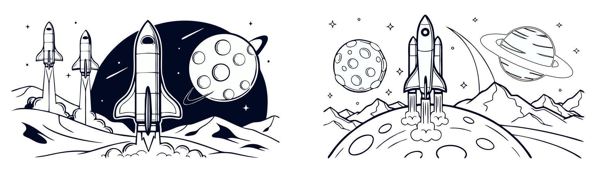 Spacecrafts blasting off from the lunar landscape with a backdrop of planets and stars vector